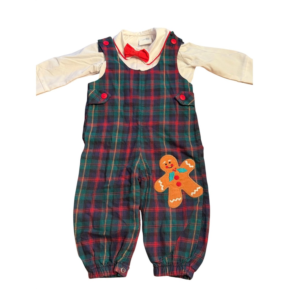 Vintage 90s Appliqué Gingerbread Plaid Romper 3Pc‎ Set Bowtie Size 12M Christmas